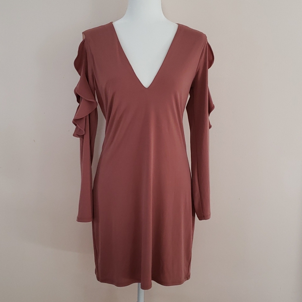 Express Mauve Pink Long Sleeve Mini Dress with Ruffle Shoulders